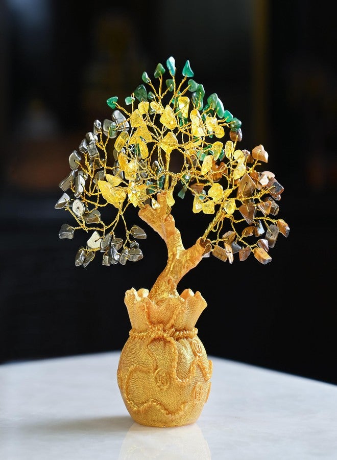 HindCraft Money Magnet Crystal Tree Pyrite, Green Aventurine, Citrine, Tiger Eye Tree of Life Bonsai - Feng Shui Gold Crystal Ornaments for Prosperity and Positive Energy - Table Decor (7 x 3 inch) - Image 1